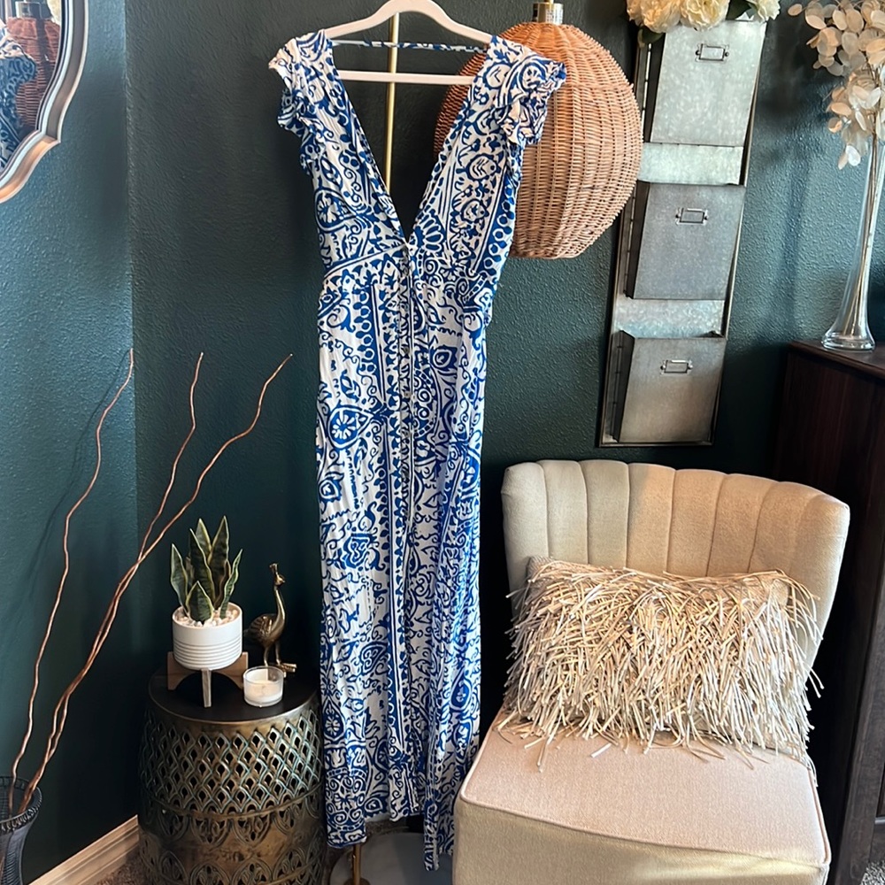 Women’s Maaji Blue & White Plunge Neck Maxi